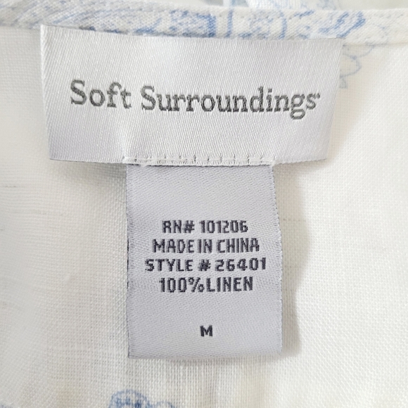 Soft Surroundings White Blue Floral Paisley 100% Linen Pleated Shirt - Picture 5 of 7